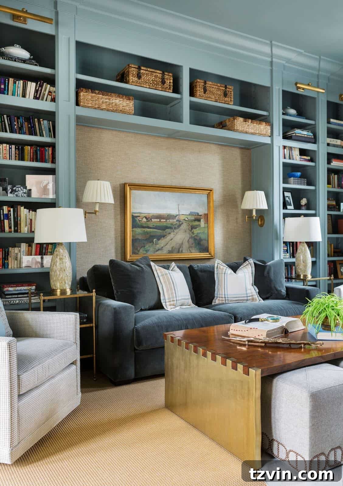 sofa against a wall with shelves surrounding