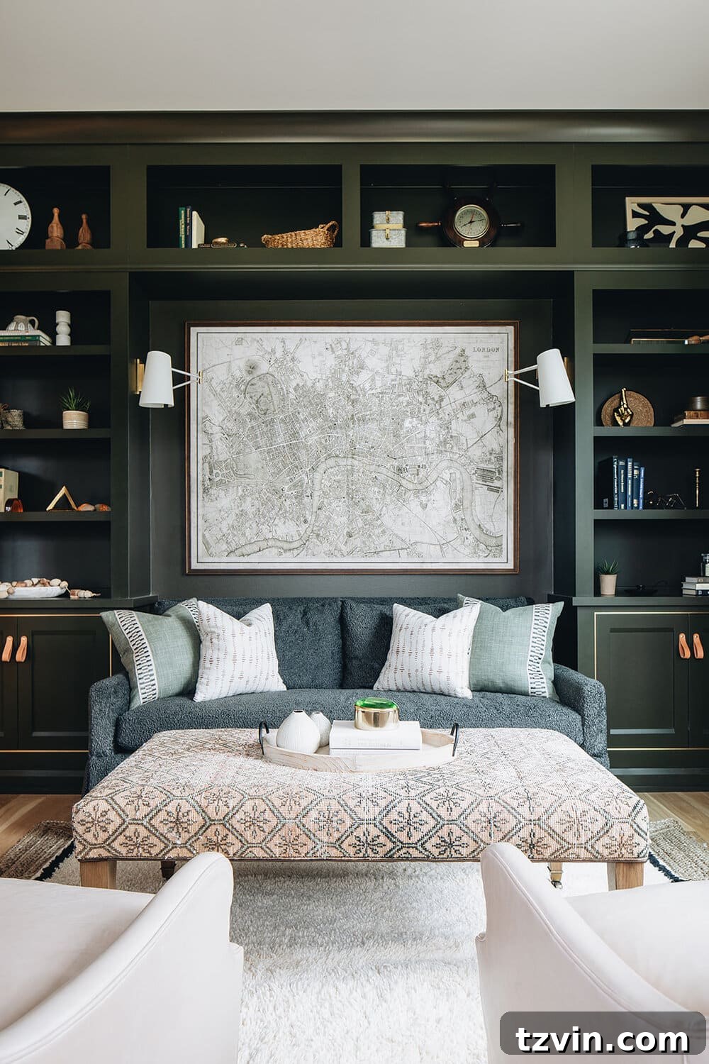 sofa surrounded by built in shelves