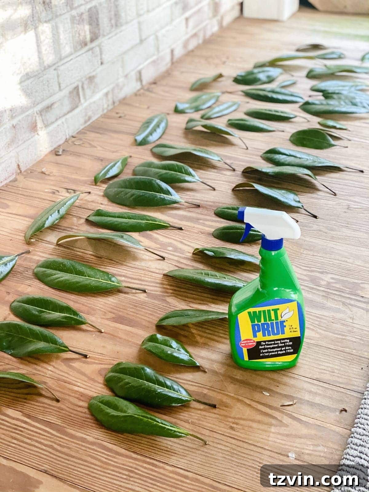 A close-up of Christmas greenery being sprayed with Wilt Pruf to extend its freshness, a practical tip for long-lasting holiday decor.