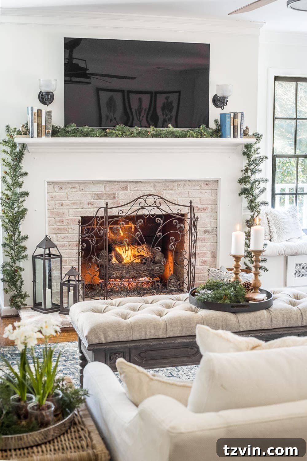 A simple yet charming winter mantel garland featuring a minimalist design that highlights natural textures and cozy seasonal decor.