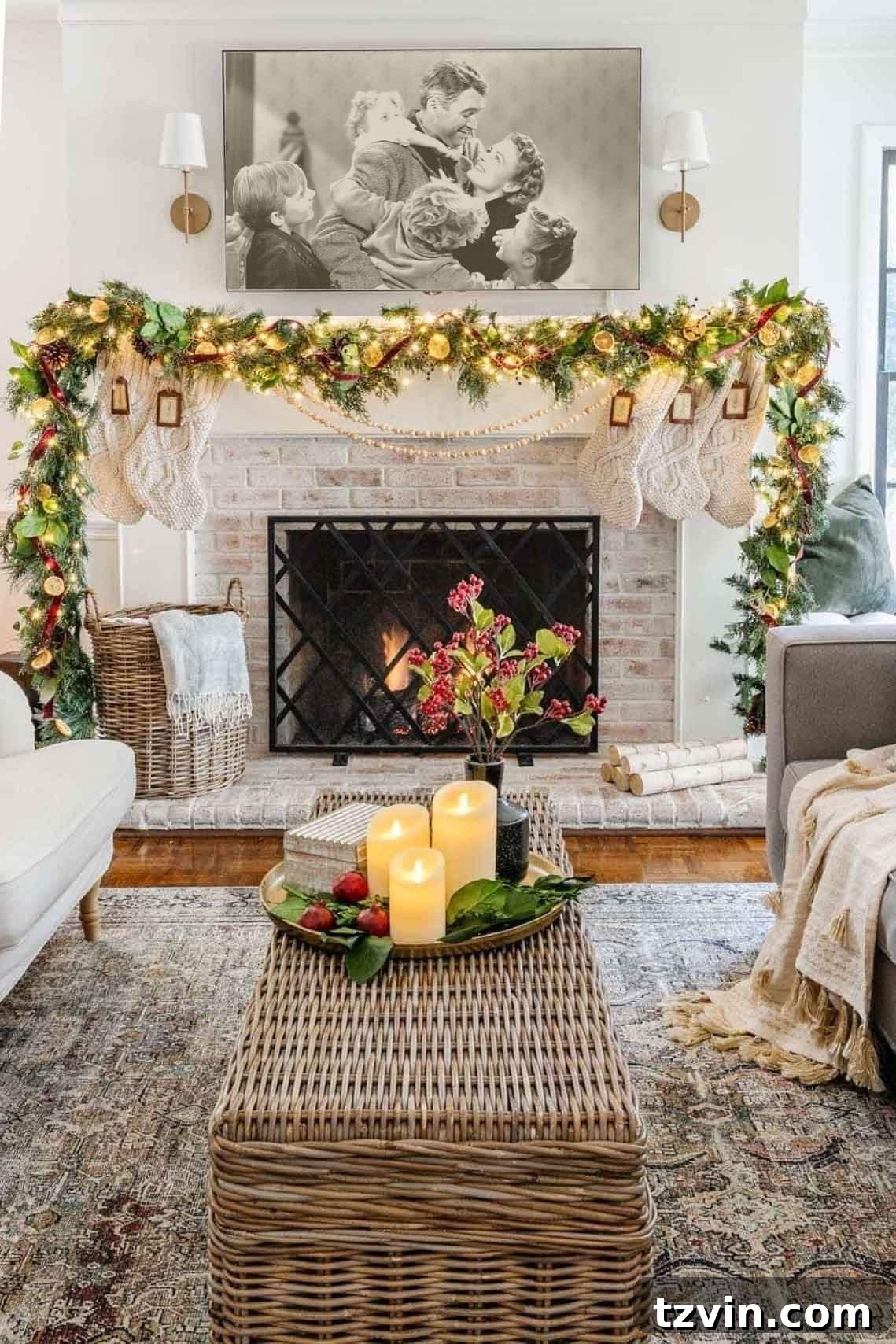 A traditional Christmas fireplace garland richly adorned with dried orange slices, lush magnolia leaves, and a festive red ribbon, creating a warm and inviting focal point.