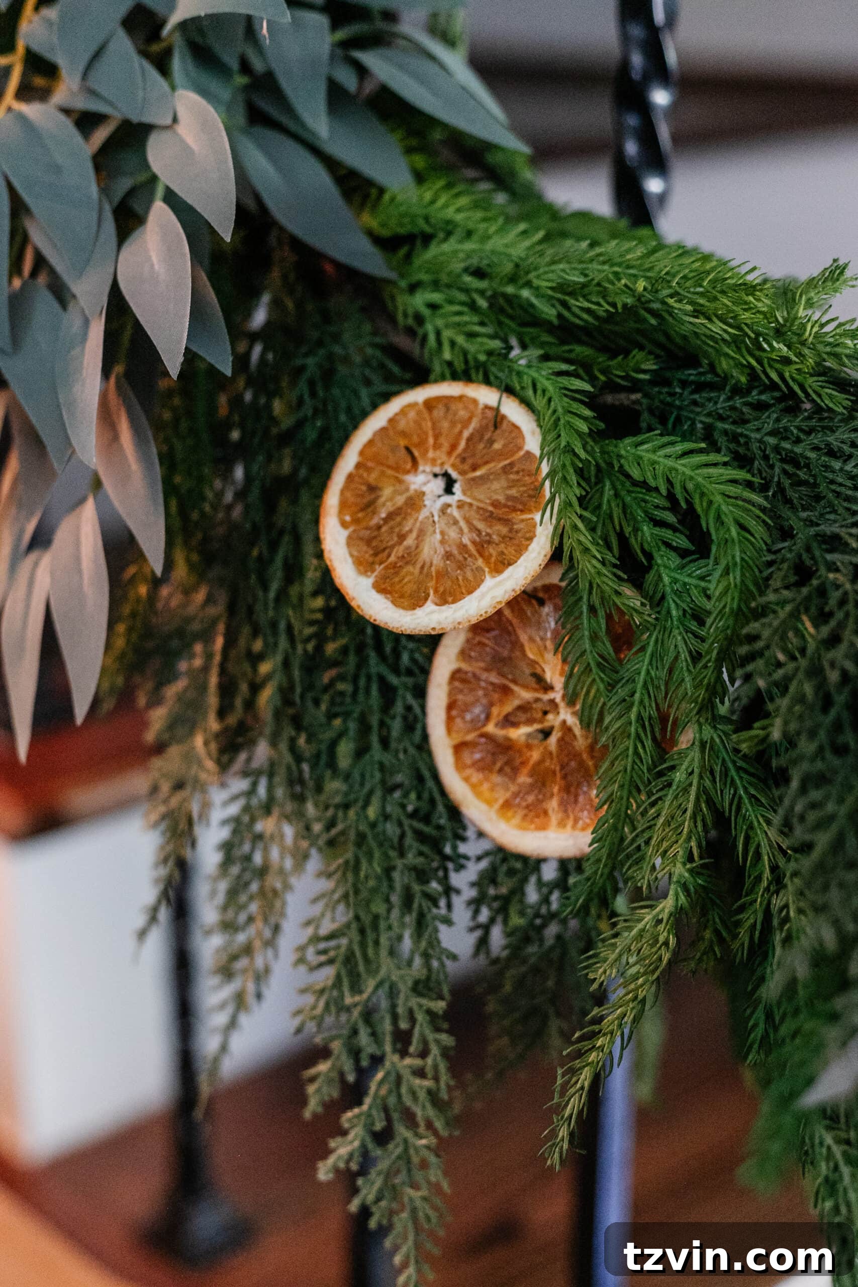 Dried orange slices artistically attached to a lush pine garland with florist wire, creating a harmonious blend of natural elements and festive color.