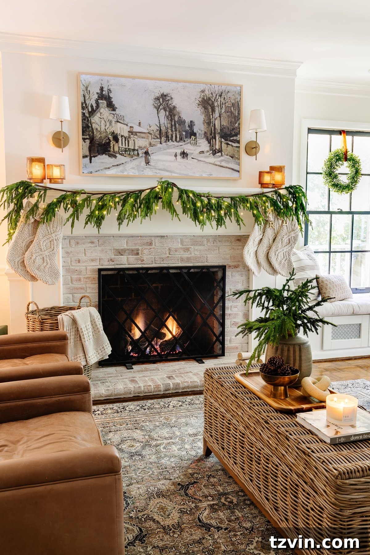 A minimalist yet elegant Christmas fireplace adorned with realistic pine garland and delicate fairy lights, radiating warmth and festive cheer.