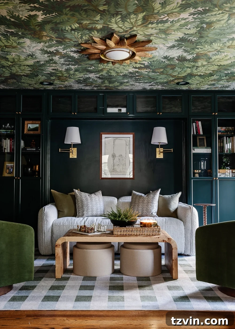 Your Dream Home Cinema DIY on a Dime 12 media room bookcases painted Sherwin Williams Cascades with Rebel Walls Spruce Forest wallpaper ceiling and gingham washable Ruggable rug