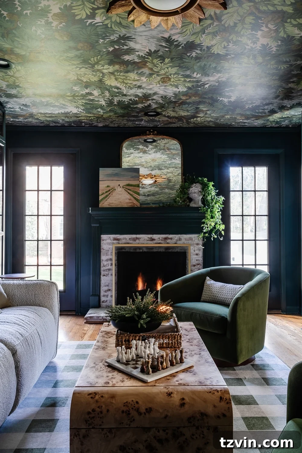 Your Dream Home Cinema DIY on a Dime 13 modern traditional media room fireplace with limewashed brick