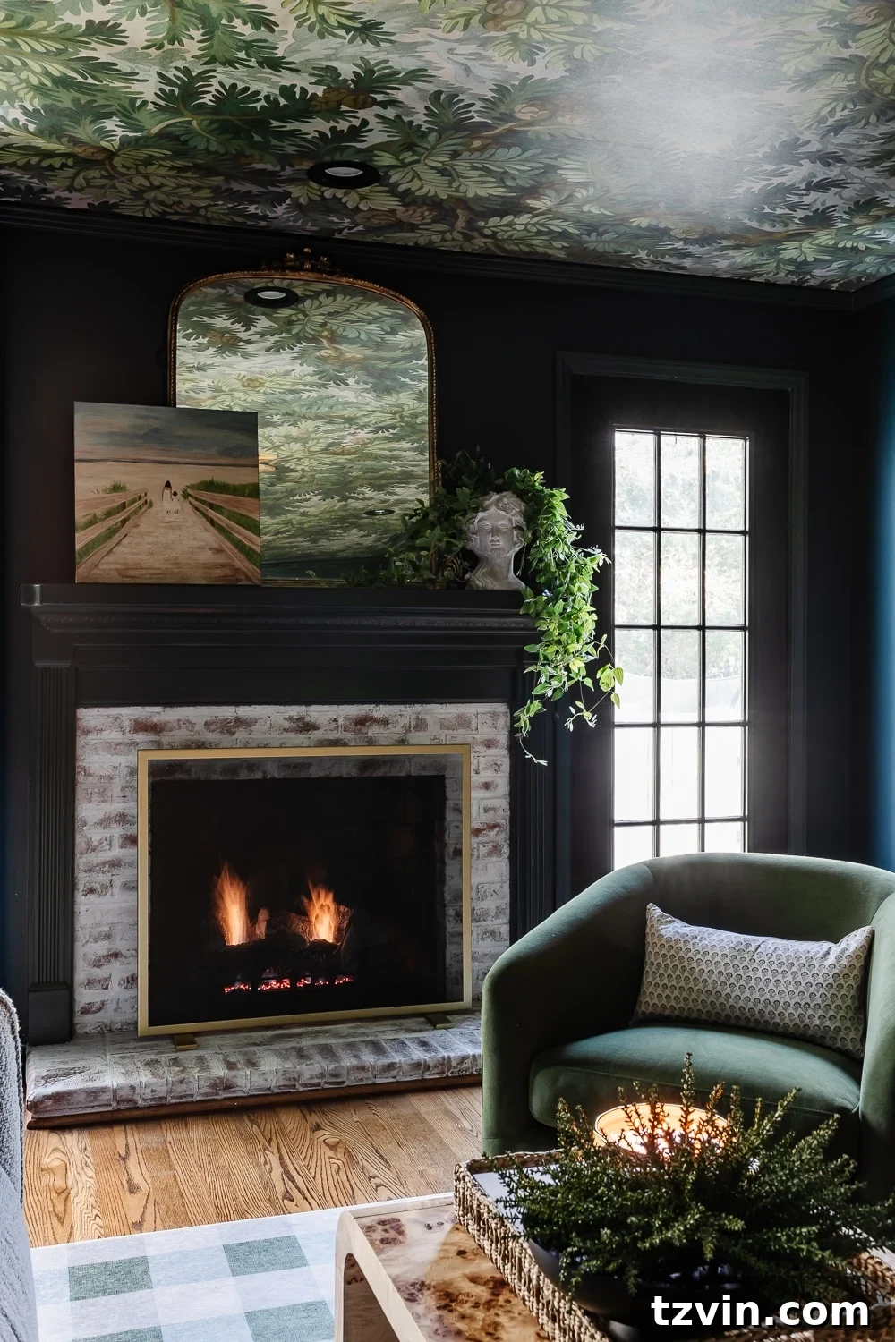 Your Dream Home Cinema DIY on a Dime 14 modern traditional media room fireplace with limewashed brick and swivel chair