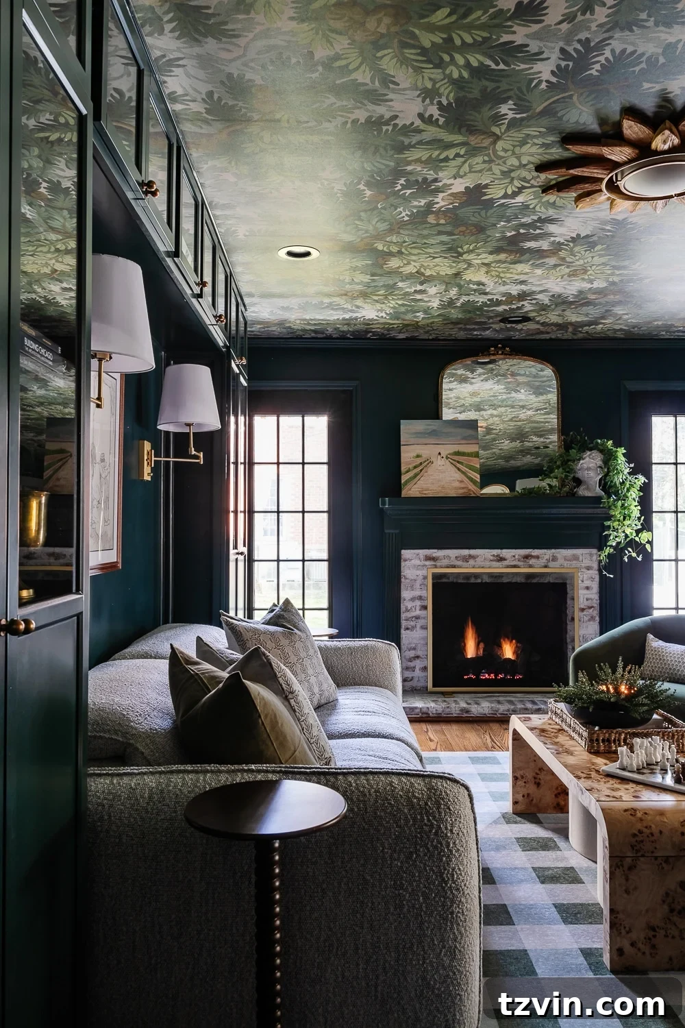 Your Dream Home Cinema DIY on a Dime 20 modern traditional home theater room with fireplace painted Sherwin Williams Cascades