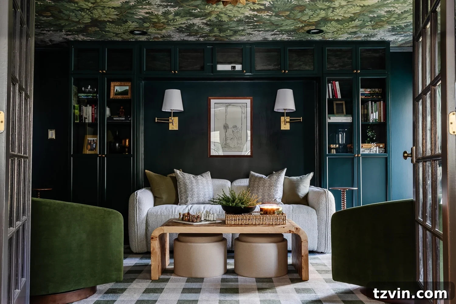 Your Dream Home Cinema DIY on a Dime 7 recliner sofa surrounded by built in bookcase