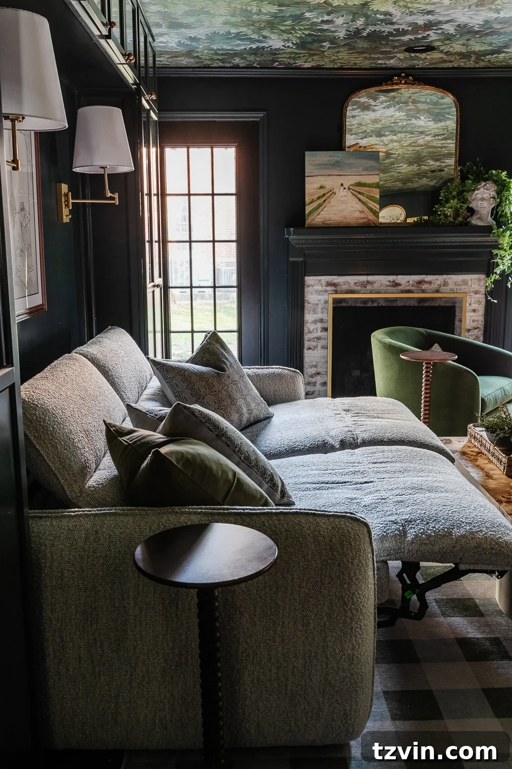 Sleek Comfort: Top 10 Modern Reclining Sofas for 2024 2 reclining sofa in media room with fireplace, wallpapered ceiling, and built in shelves
