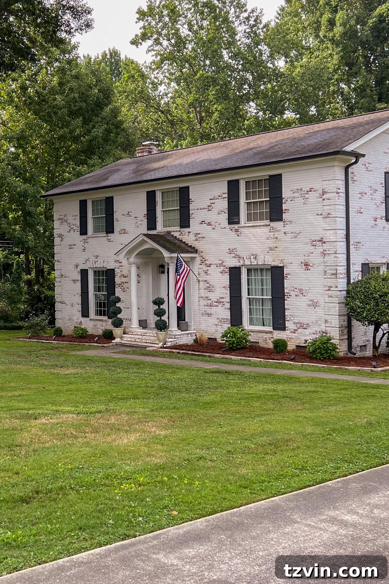 From Patchy to Pristine: Our Year-Long Lawn Makeover 11 A patchy, weed-covered lawn in front of a brick house, photographed in Spring 2023, showing its condition before the makeover.