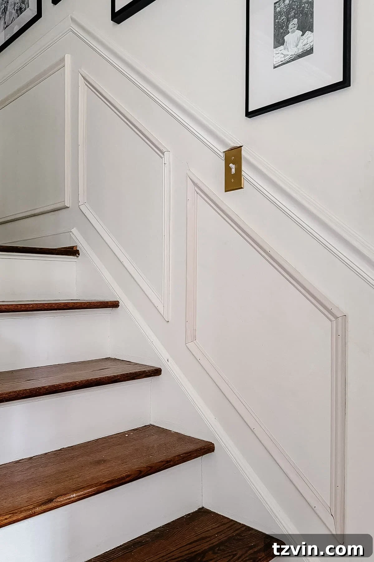 Stair Wainscoting Made Simple: A DIY Installation 3 Close-up of DIY wainscoting installation on stairs