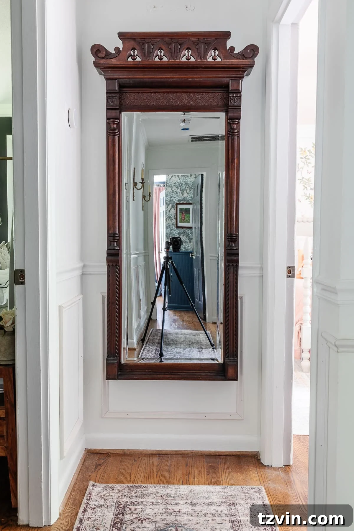 Curated Online Vintage Furniture and Decor Destinations 4 white hallway with full length antique mirror