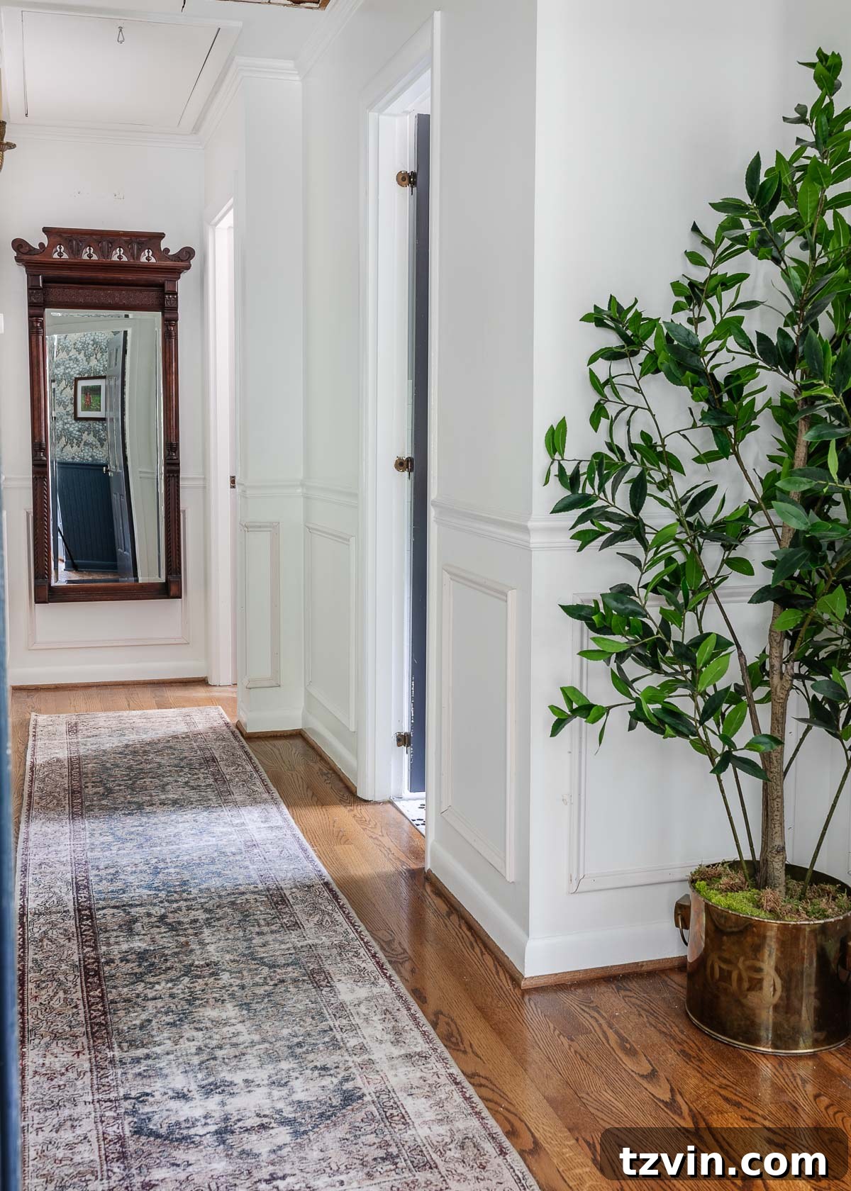 Curated Online Vintage Furniture and Decor Destinations 9 white hallway with full length antique mirror
