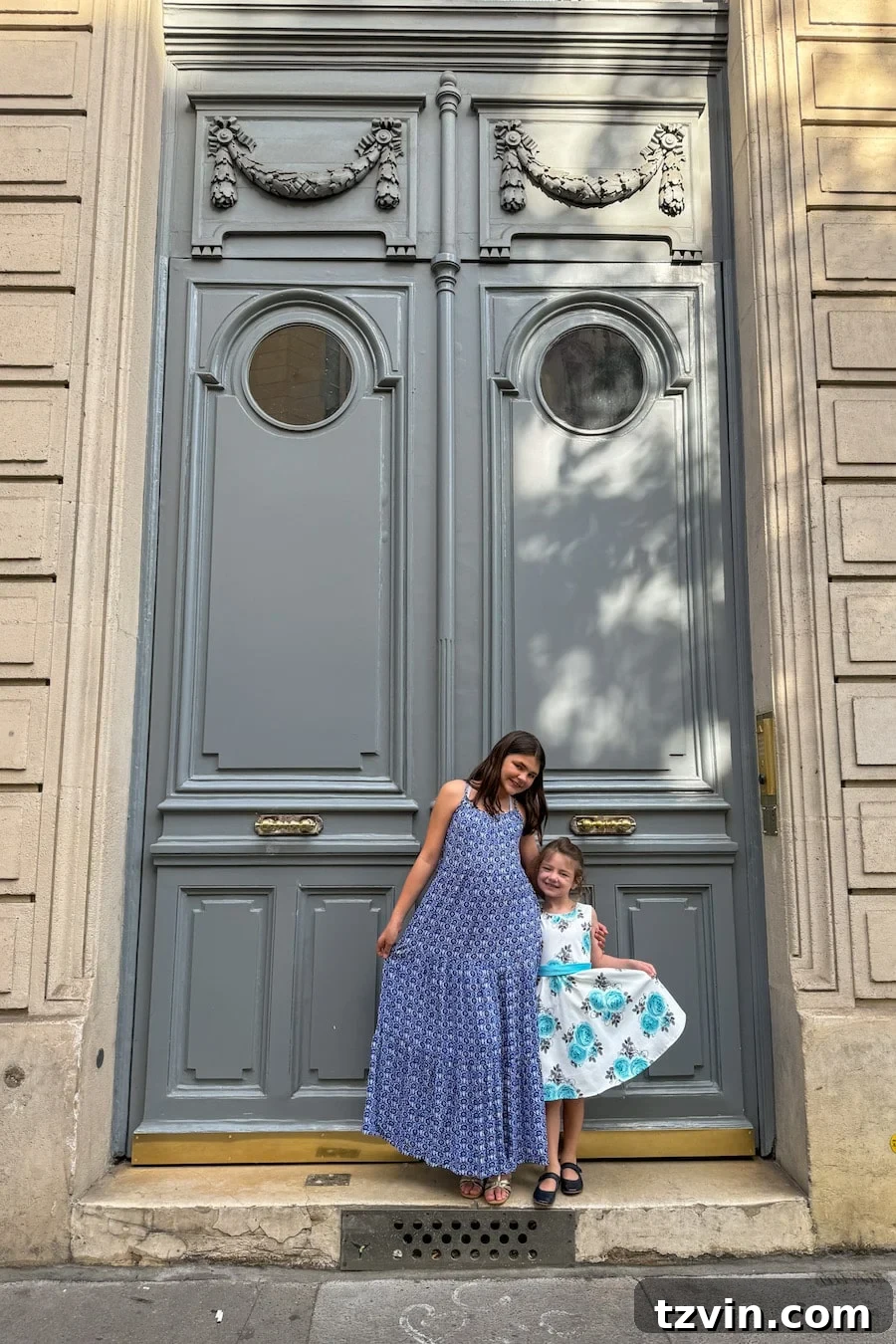 blue / gray front door paint color with kids in front