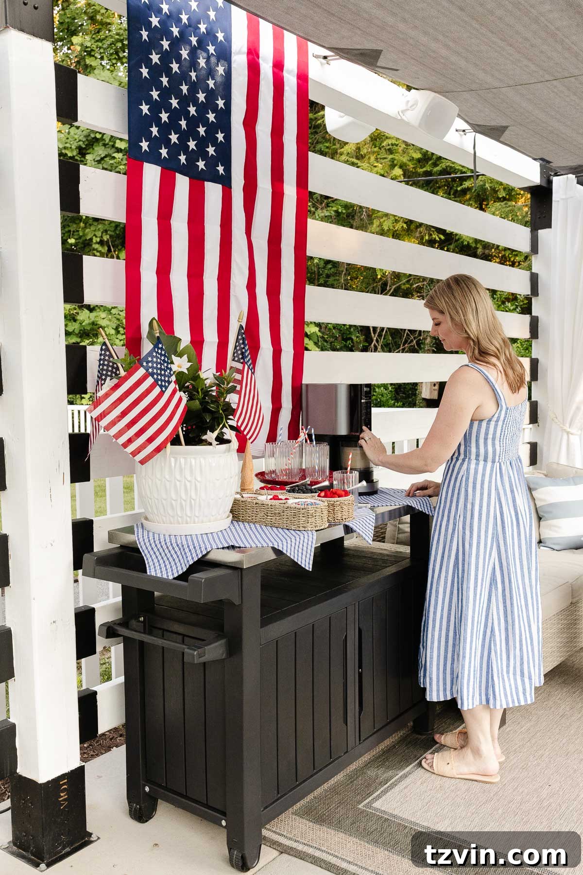 Stars and Stripes Sundae Station Made Easy 2 Red, white, and blue themed ice cream sundae bar featuring a Ninja Creami ice cream maker, perfect for July 4th and Memorial Day celebrations.