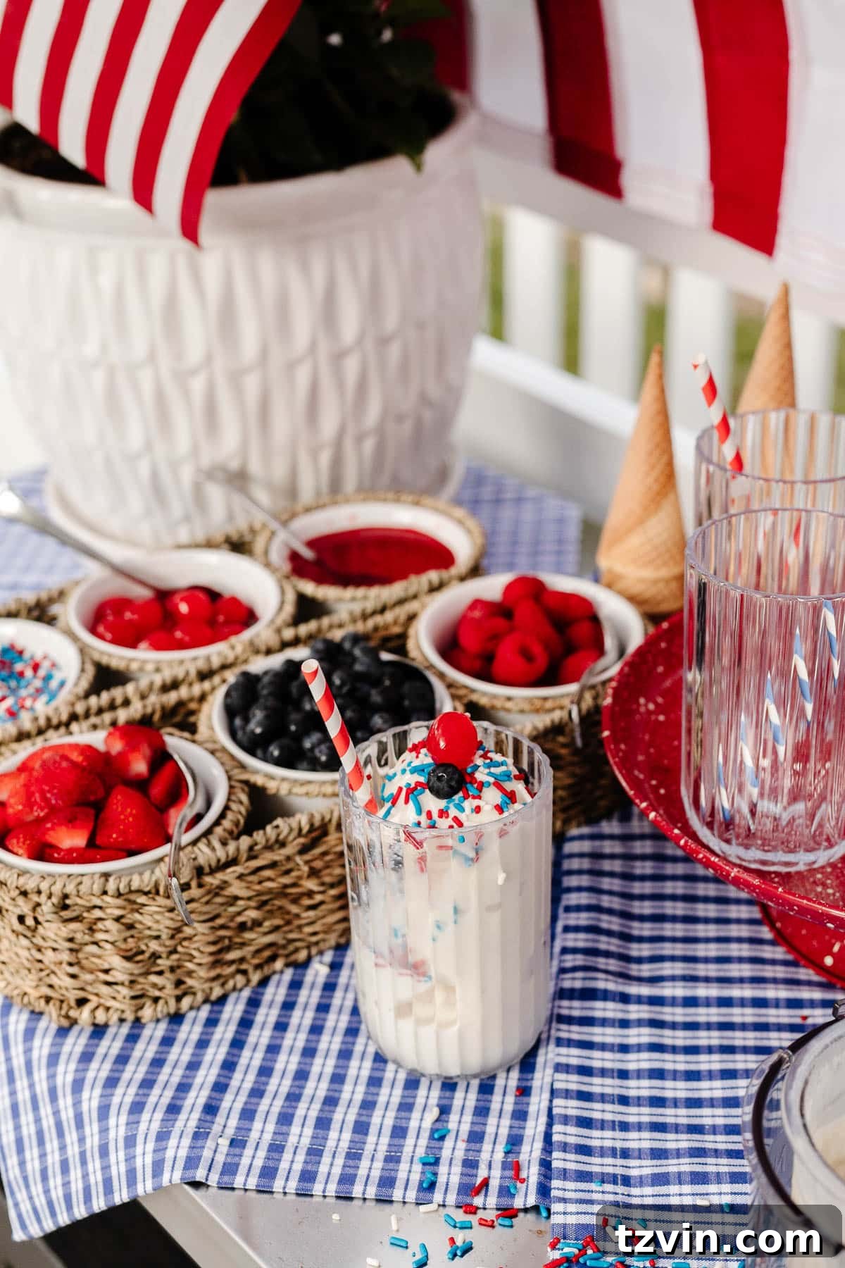 Stars and Stripes Sundae Station Made Easy 3 Vanilla protein ice cream recipe made easily in the Ninja Creami ice cream maker.