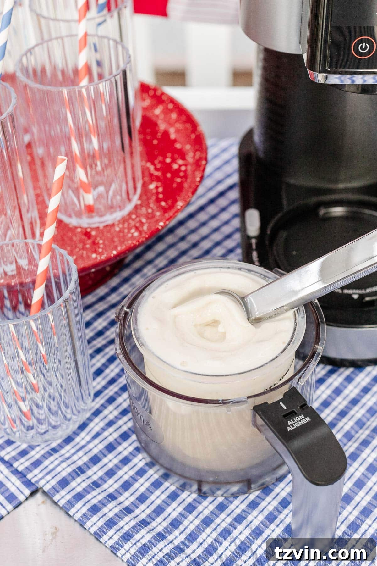 Stars and Stripes Sundae Station Made Easy 6 Soft-serve vanilla protein ice cream in a cup, ready to be topped, made with the Ninja Creami.