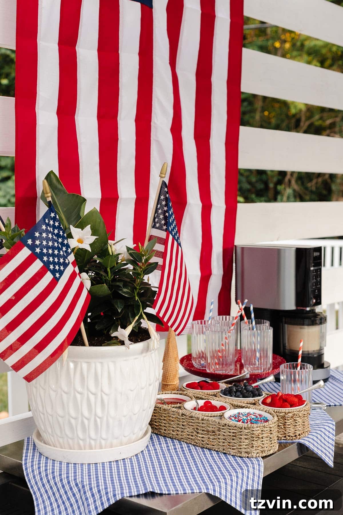 Stars and Stripes Sundae Station Made Easy 8 Red, white, and blue ice cream bar set up with a Ninja Creami, ideal for 4th of July or Memorial Day gatherings.