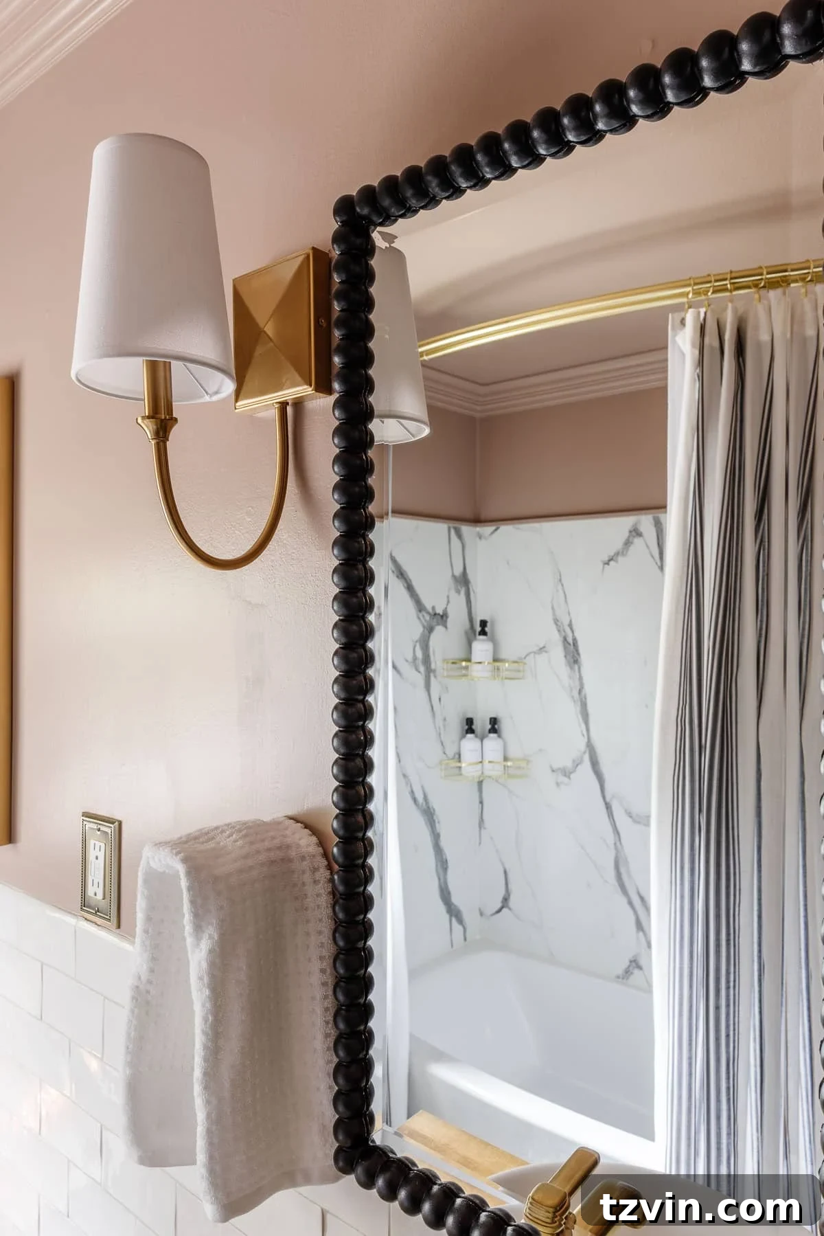 Black and Pink Bathroom Four Day Glow Up 11 Pink bathroom walls with black beaded mirrors and gold sconces