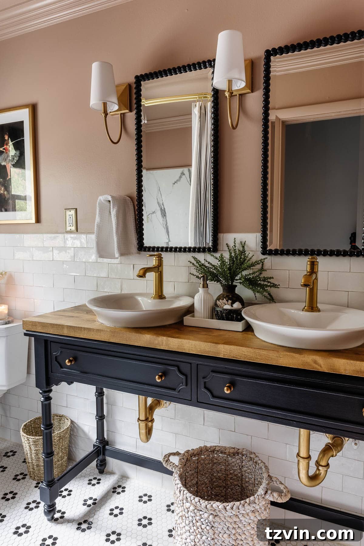 Black and Pink Bathroom Four Day Glow Up 6 Black and pink bathroom with console table vanity and vessel sinks