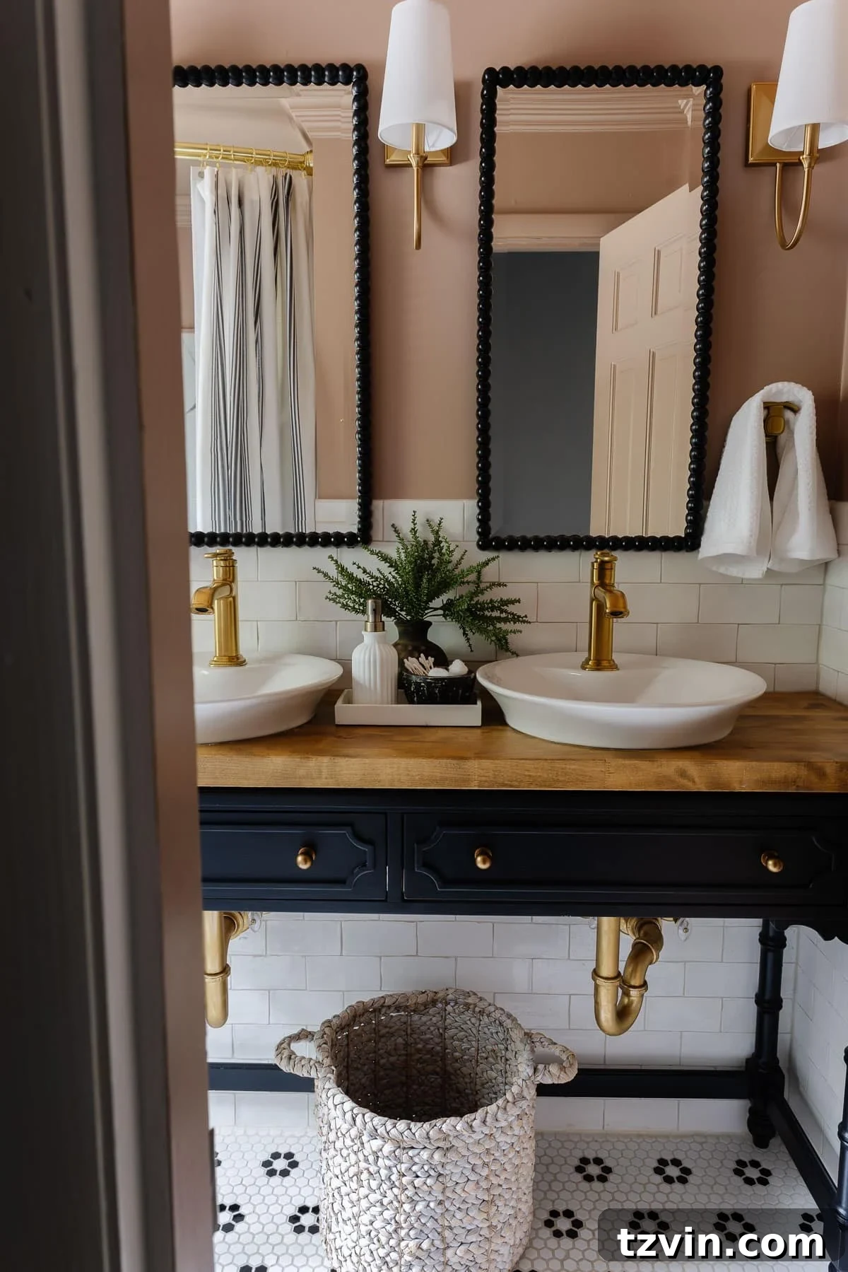 Black and Pink Bathroom Four Day Glow Up 7 Console table bathroom vanity with gold pipes and vessel sinks