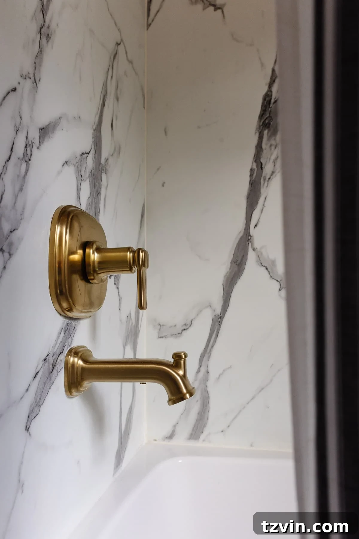Black and Pink Bathroom Four Day Glow Up 9 Faux marble shower surround with elegant gold tub faucet