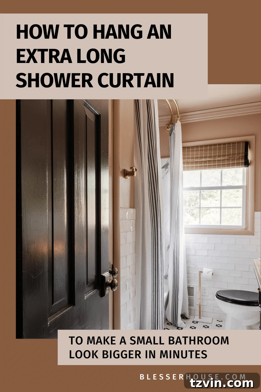 Elevate your bathroom's aesthetic and create an illusion of space by hanging an extra long shower curtain high, near the ceiling. This stylish trick is perfect for small bathrooms and adds a touch of drama to any decor.