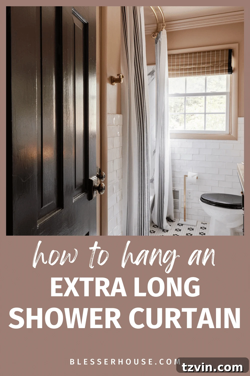 A stunning shot of a small bathroom made to look bigger by hanging an extra-long shower curtain close to the ceiling, featuring a chic fabric and elegant drape.