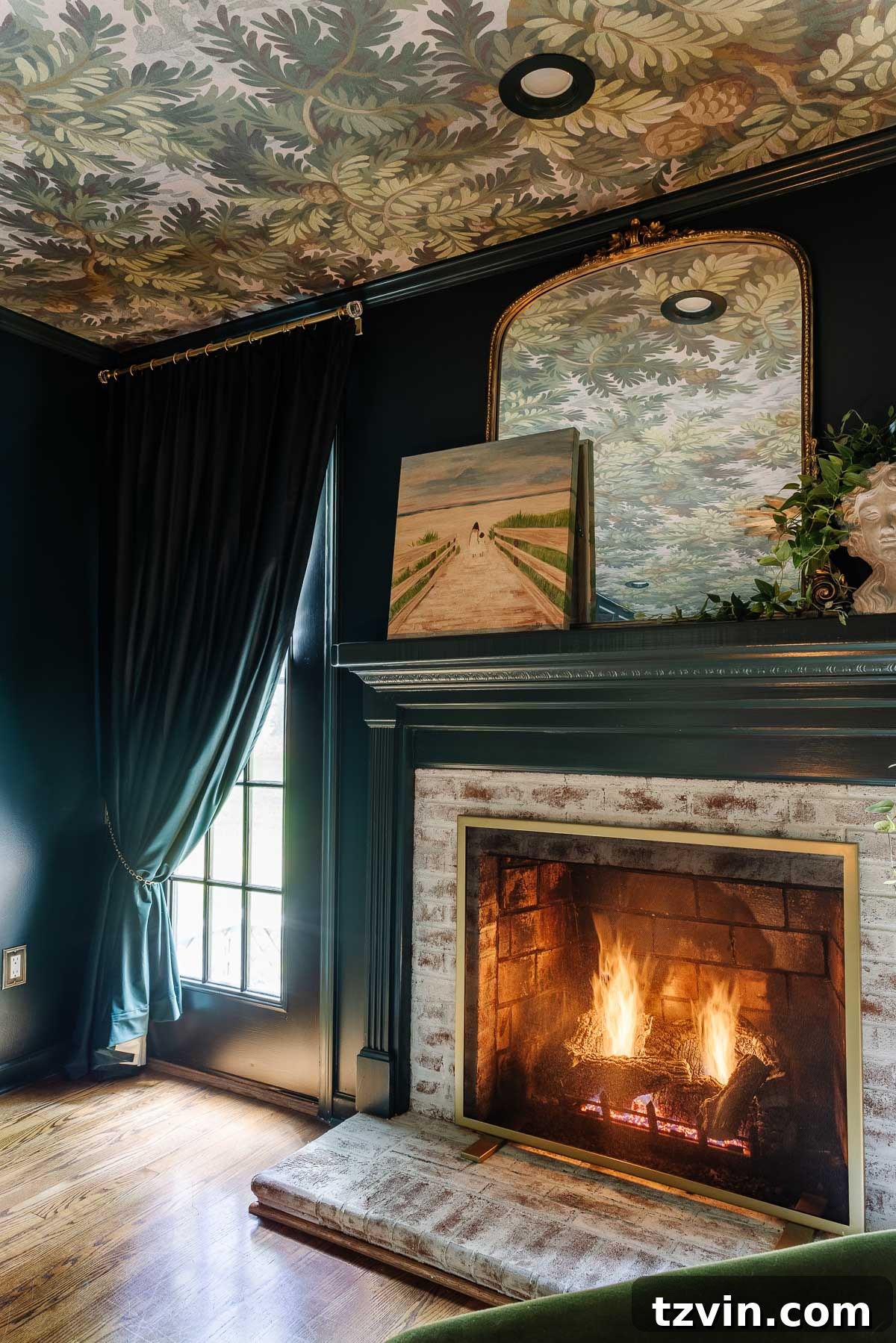 Effortless Ways to Open Single Panel Drapes and Home Theater Curtains 5 Luxurious pulled-back velvet curtains accenting a limewashed fireplace in a home theater.