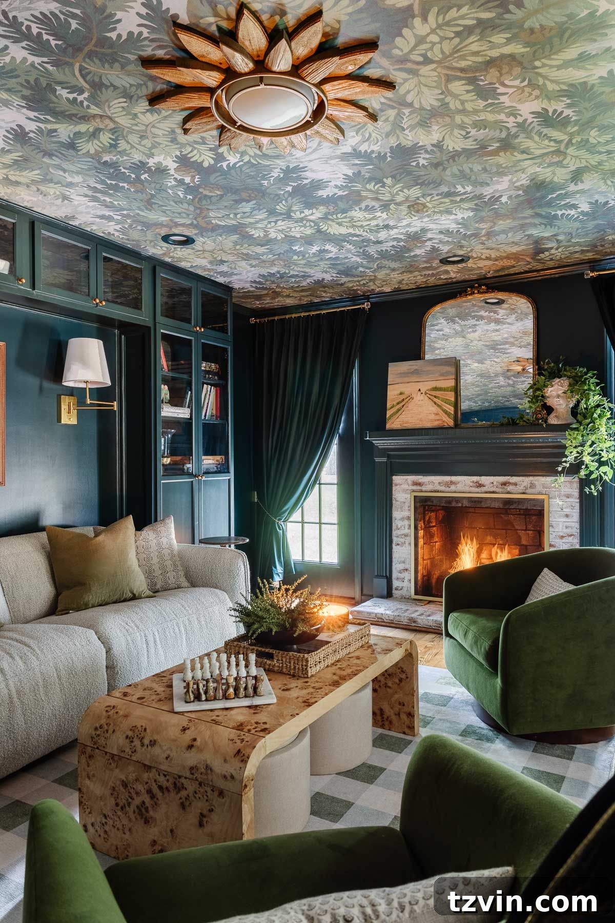 Effortless Ways to Open Single Panel Drapes and Home Theater Curtains 8 Luxurious pull-back drapes in a home theater room with recliner sofa and fireplace.