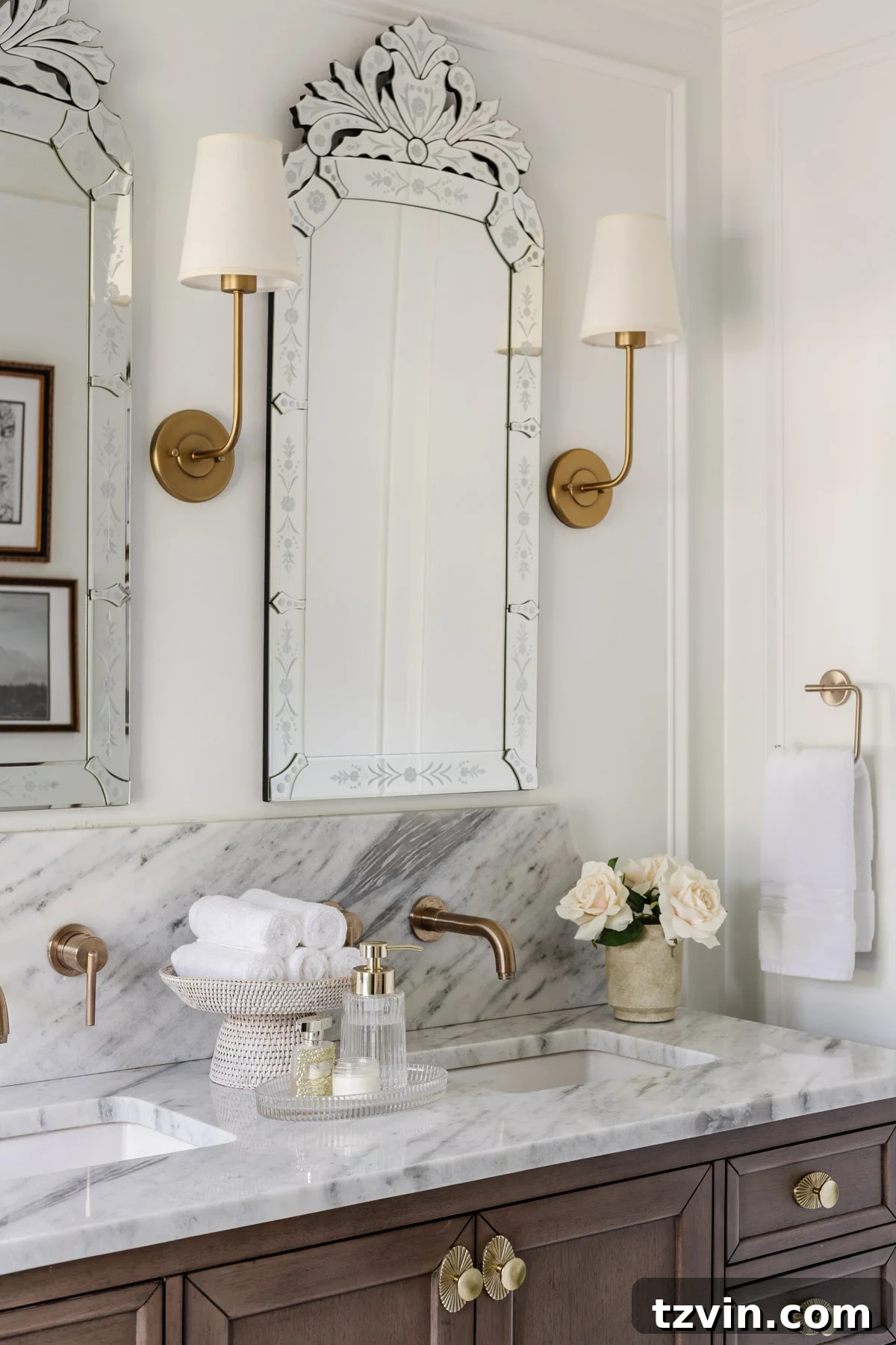 rattan pedestal bowl used as a towel holder on a bathroom countertop