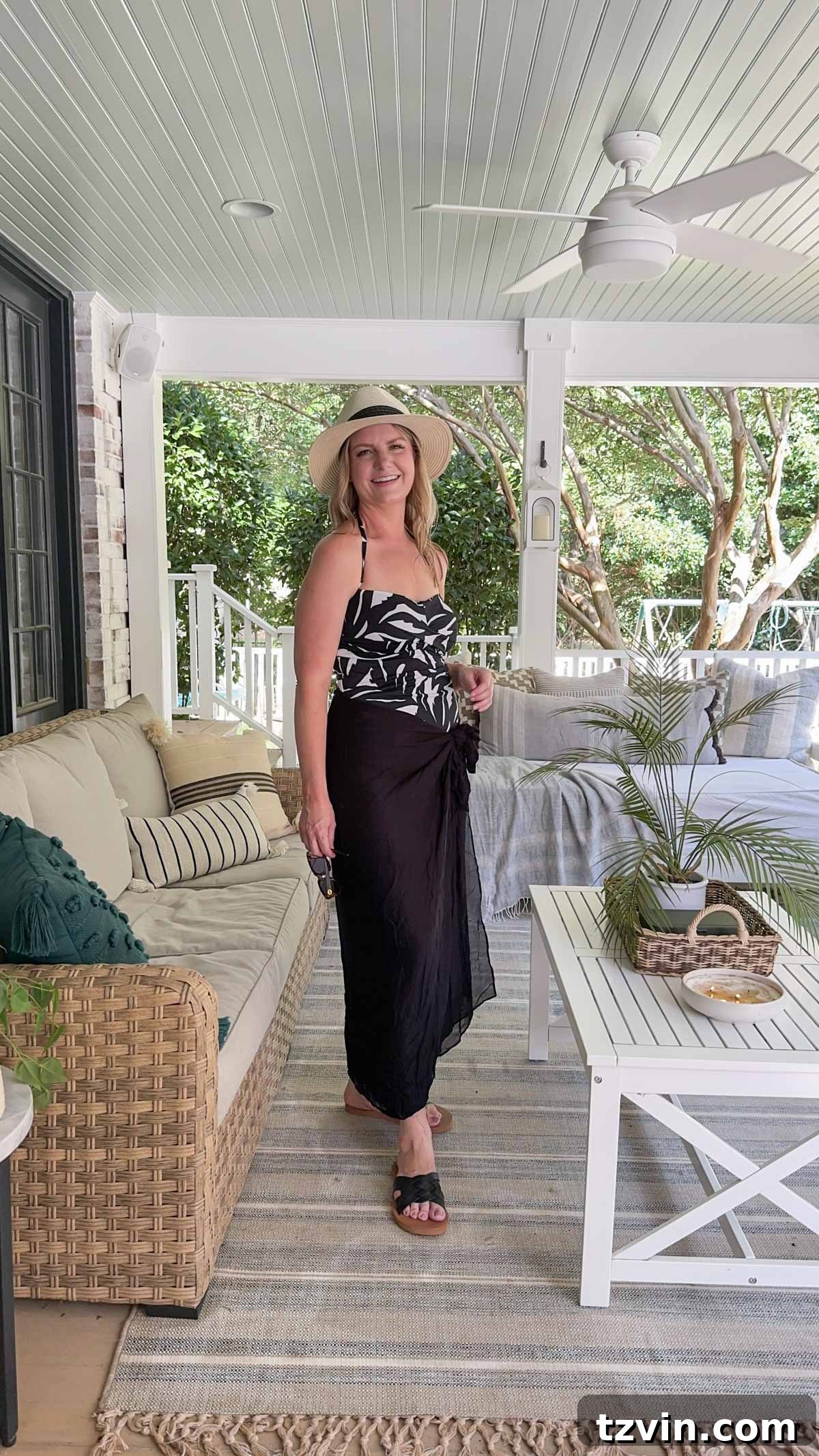 woman in swimsuit on back porch