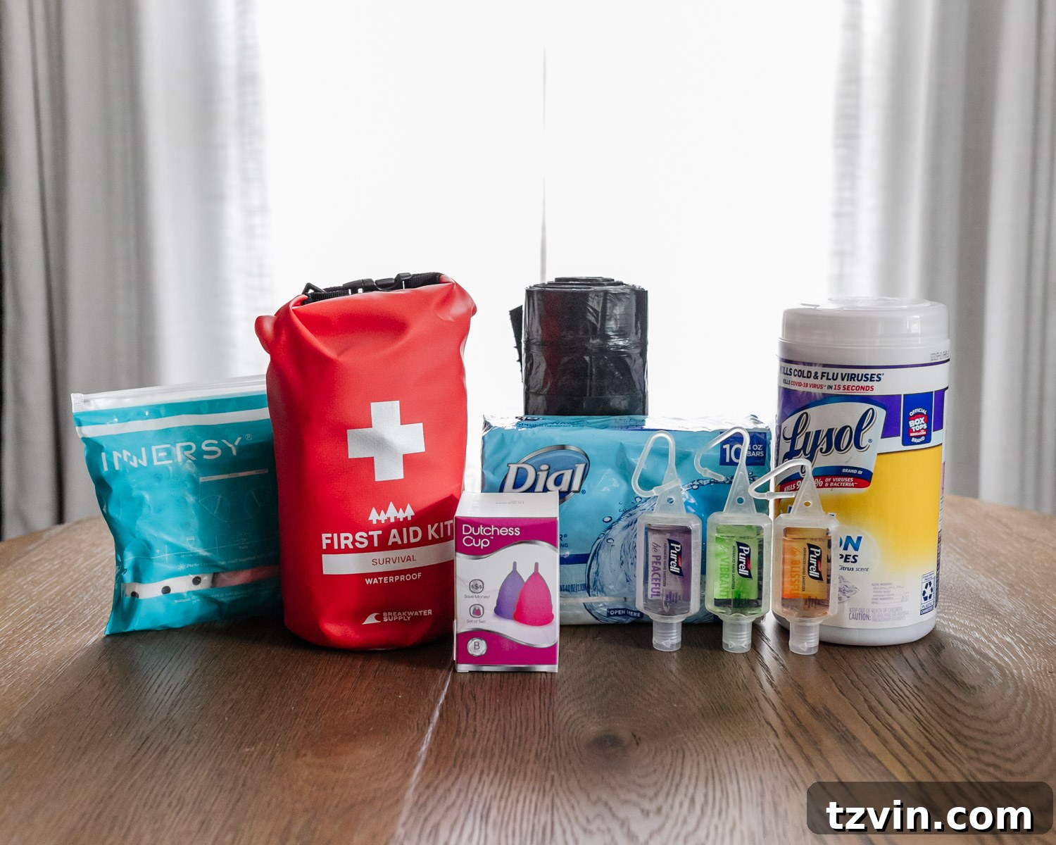 The Ultimate Home Disaster Readiness Kit 5 Emergency hygiene and health supplies, including a first aid kit, body wipes, and hand sanitizer, for maintaining cleanliness during disasters.