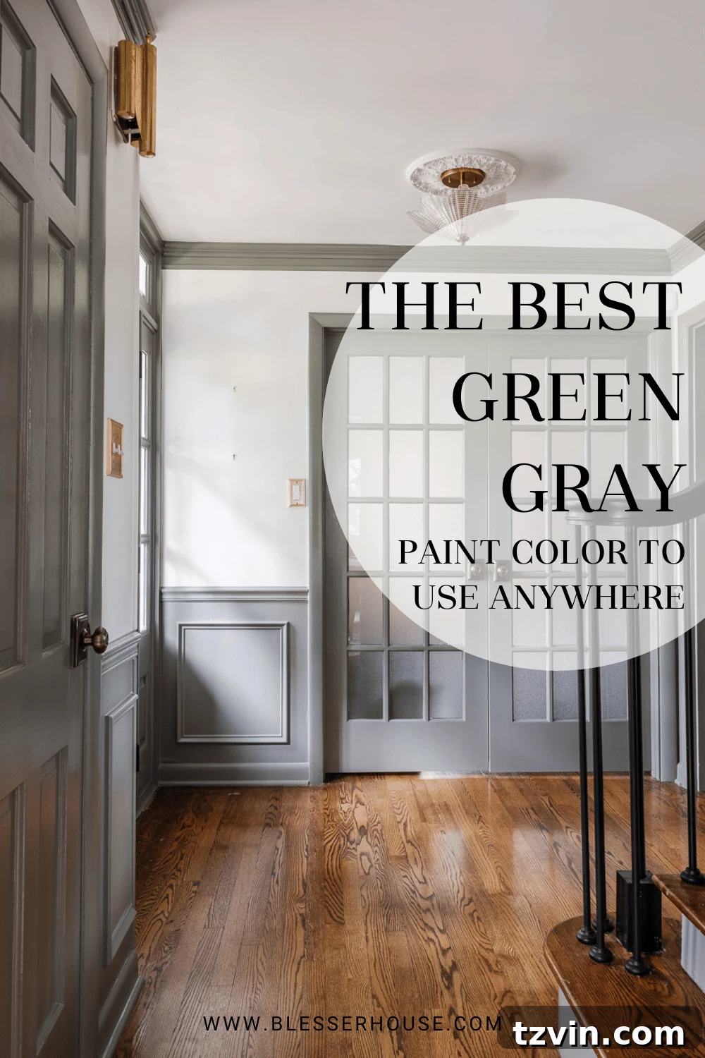Found: The Green Gray Paint Color That Transforms Rooms 6 Green Gray Paint Color Foyer Stairway Inspiration