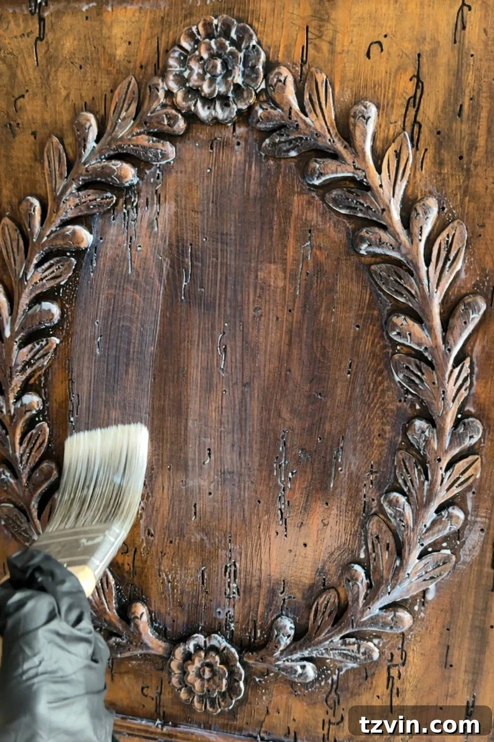 Renew Stained Furniture Without Sanding 10 Applying a clear matte polycrylic sealer to a newly gel stained wood cabinet finish.