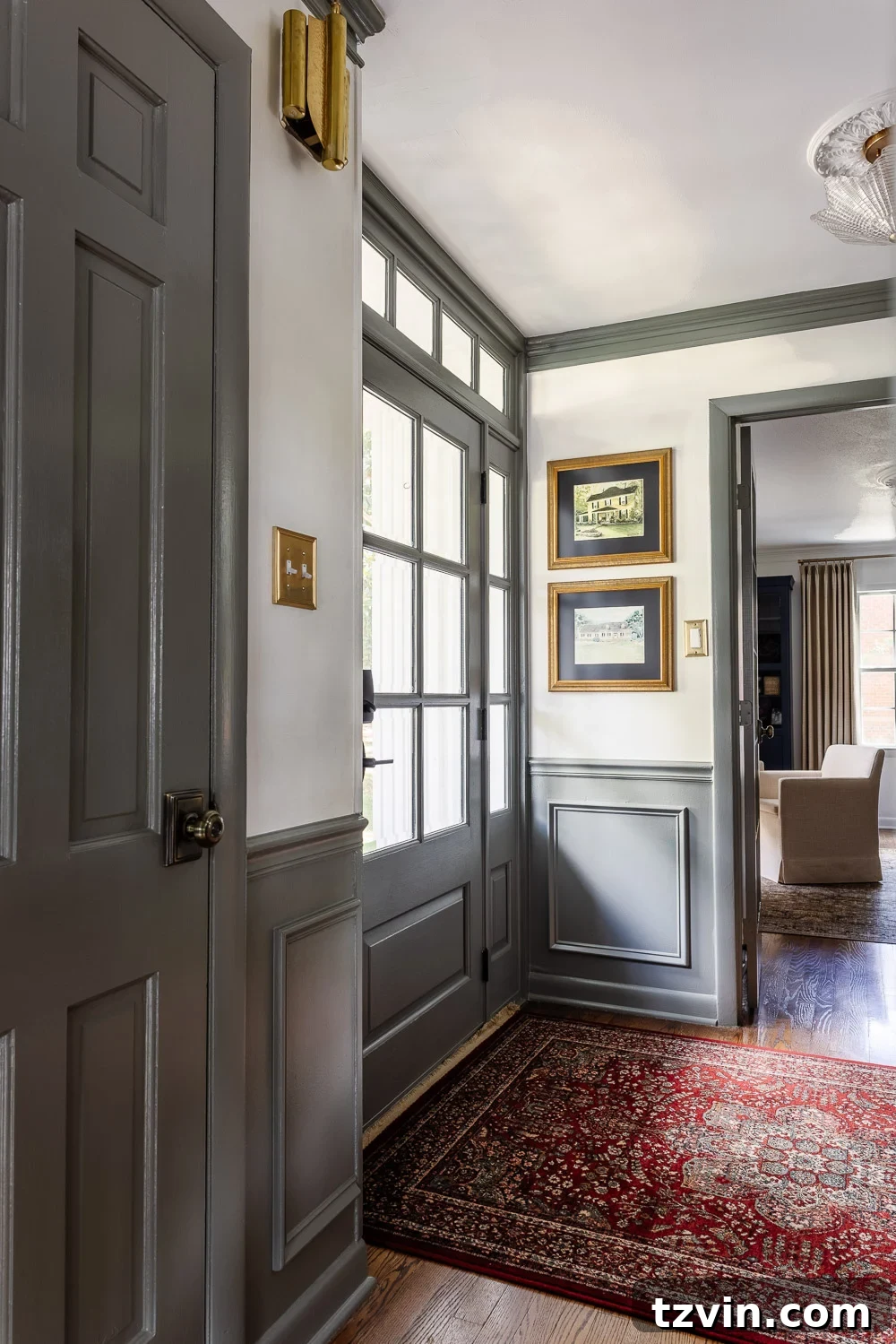 Elevate Your Entryway: Stylish Foyer Refreshes Under $300 5 front door painted green gray in a foyer with unexpected red theory in a rug