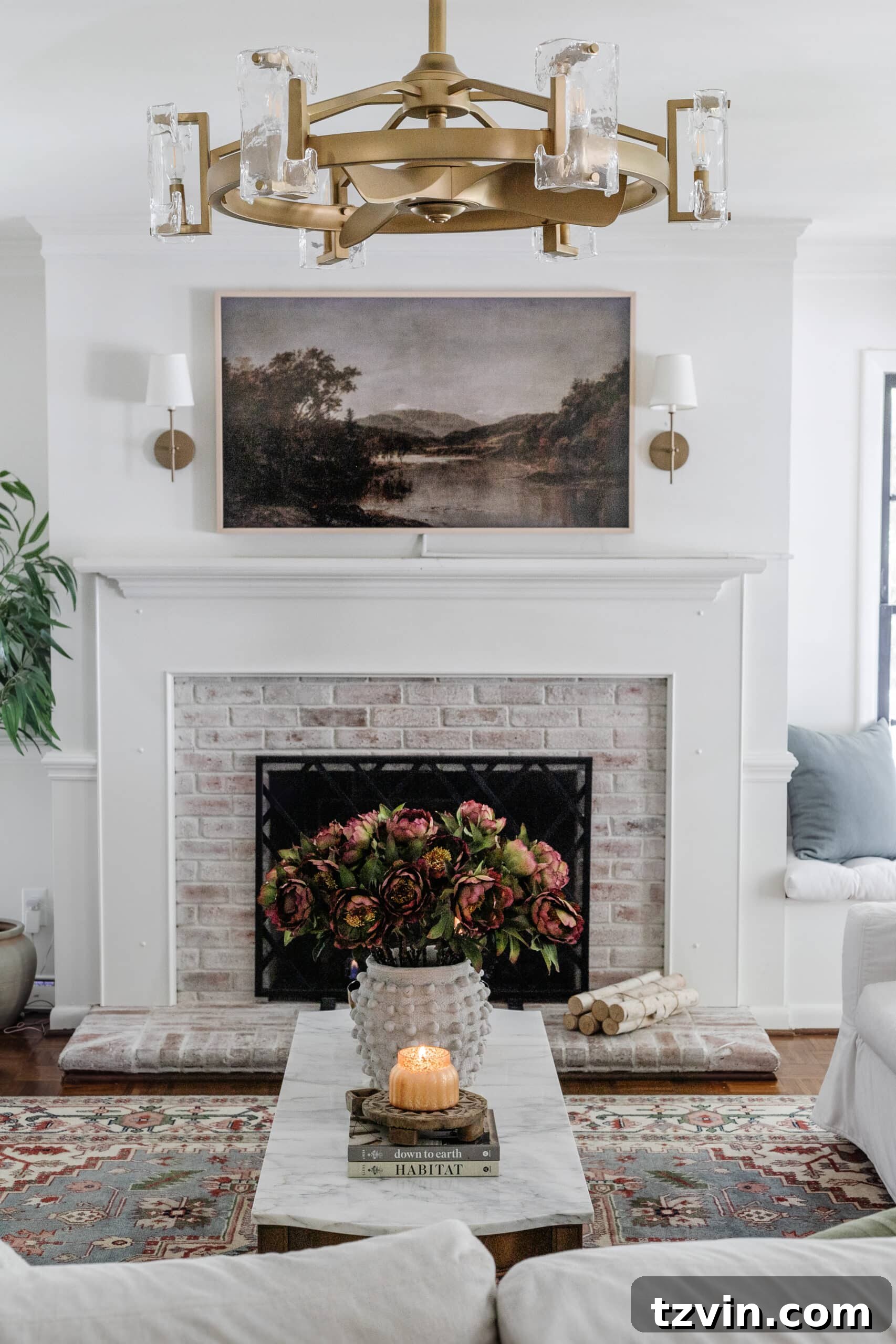 Bundle of logs on a fireplace hearth for fall decor, creating a cozy and rustic ambiance.