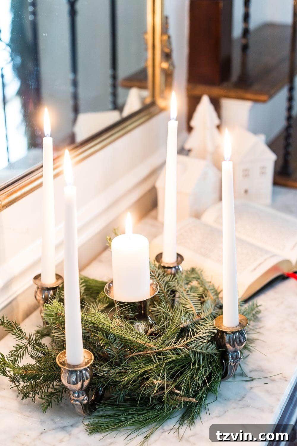 Vintage Advent candle holder adorned with real pine branches, creating a classic and meaningful centerpiece