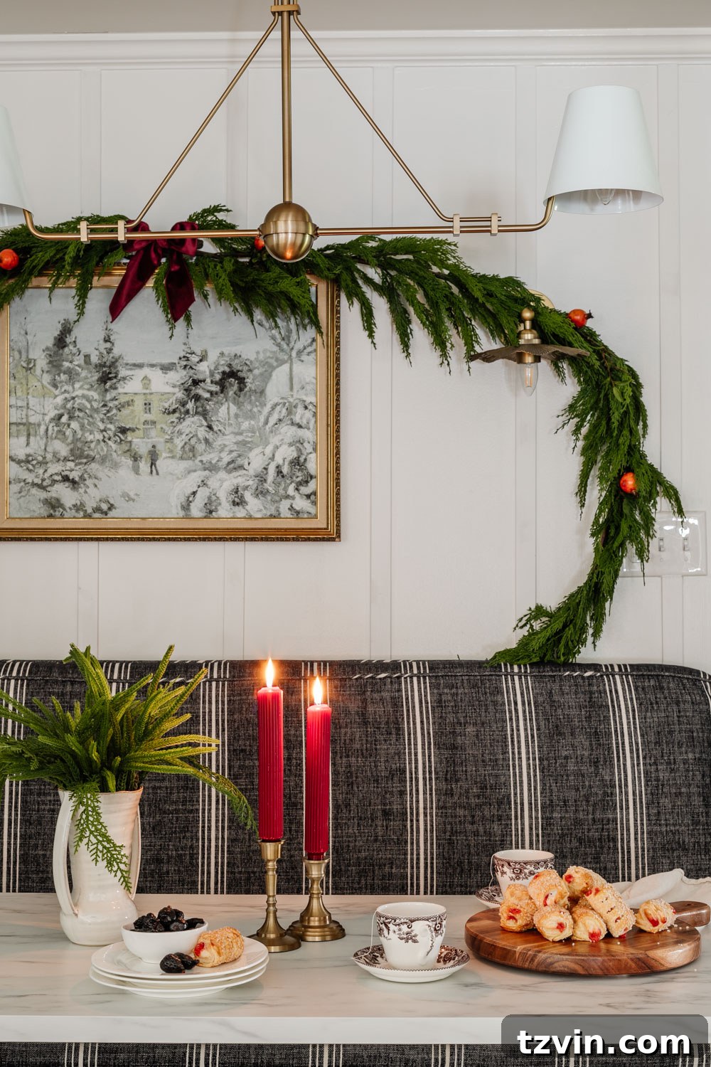 Elevate Your Faux Garland: Secrets to Unbelievable Realism 4 realistic garland around a picture frame for breakfast nook dining room Christmas decor