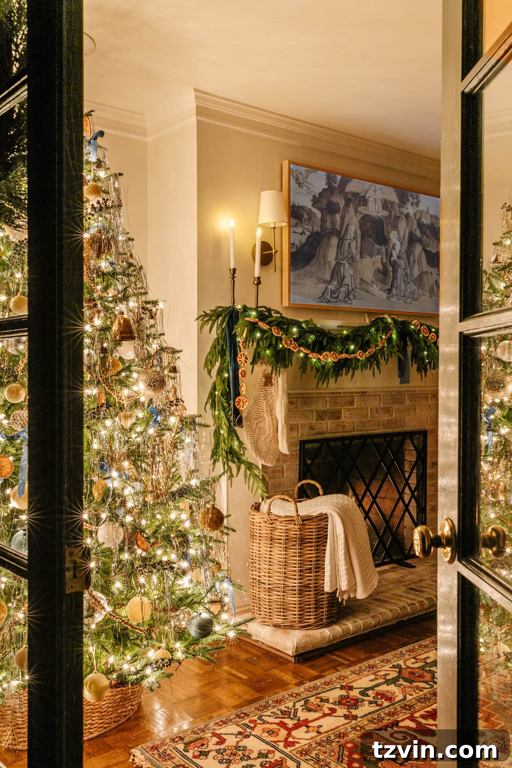 Elevate Your Faux Garland: Secrets to Unbelievable Realism 9 christmas tree lights at night beside fireplace, creating a cozy atmosphere