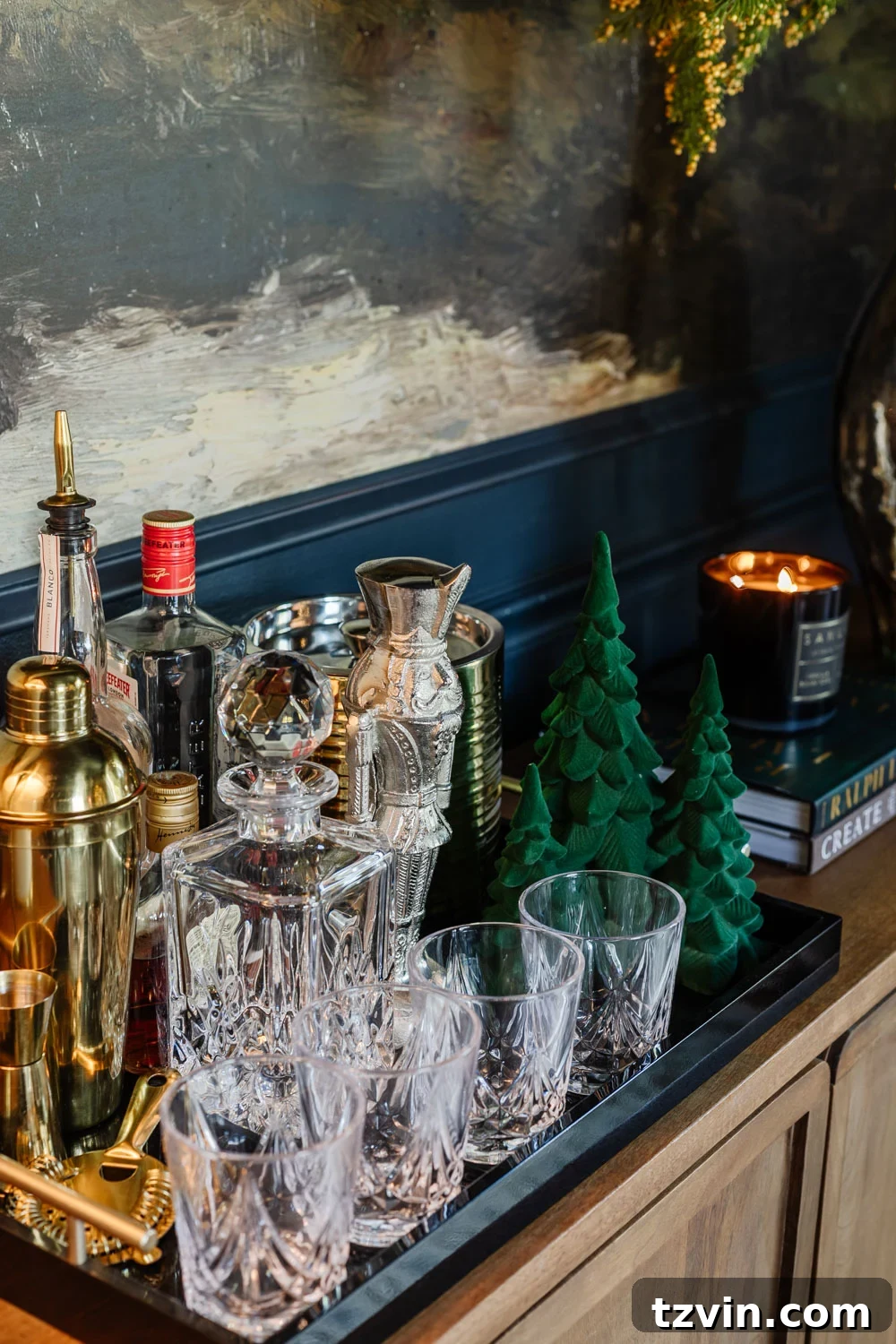 bar tray on a sideboard decorated for Christmas
