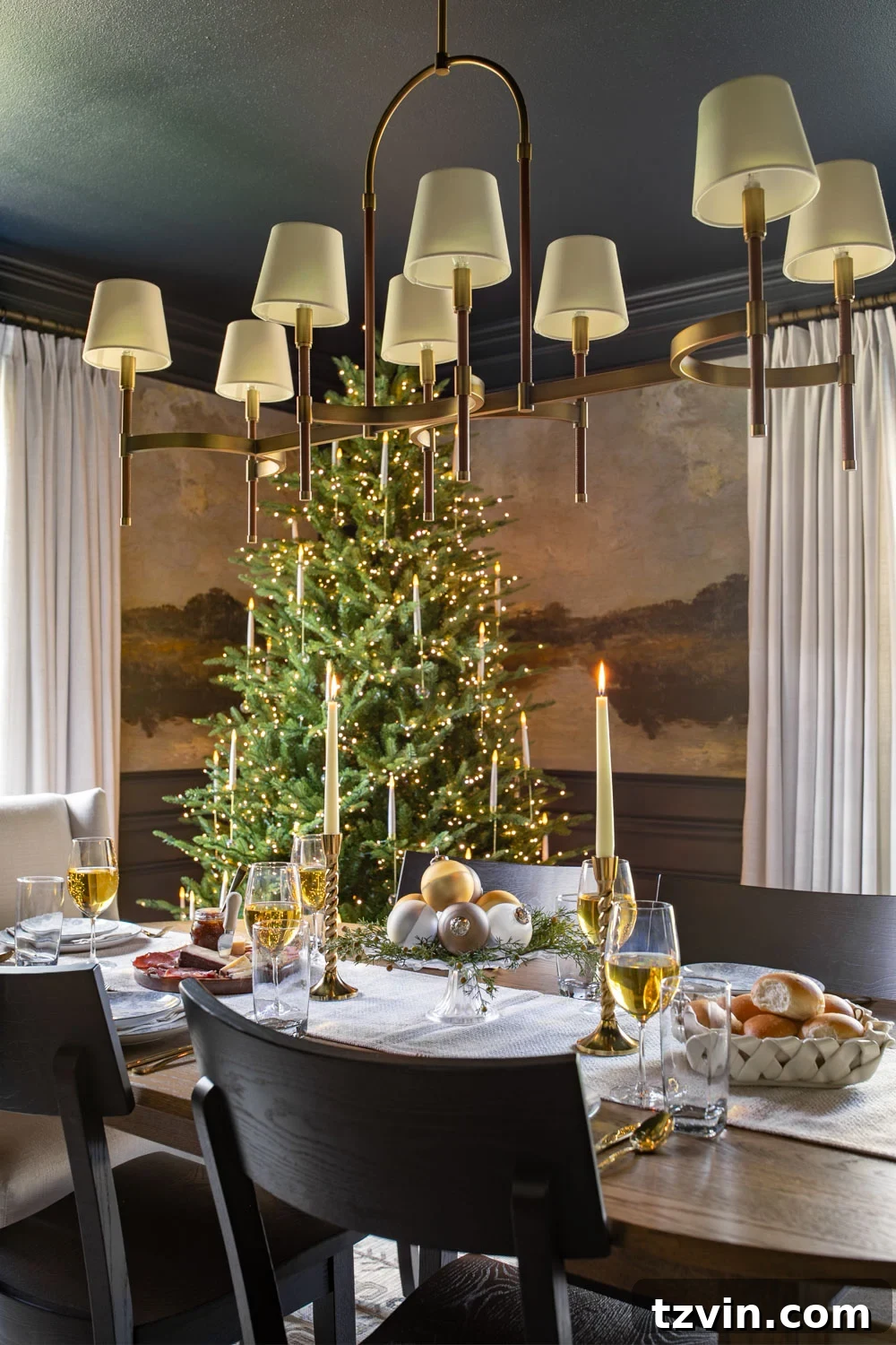 simple Christmas dining table decor beside tree