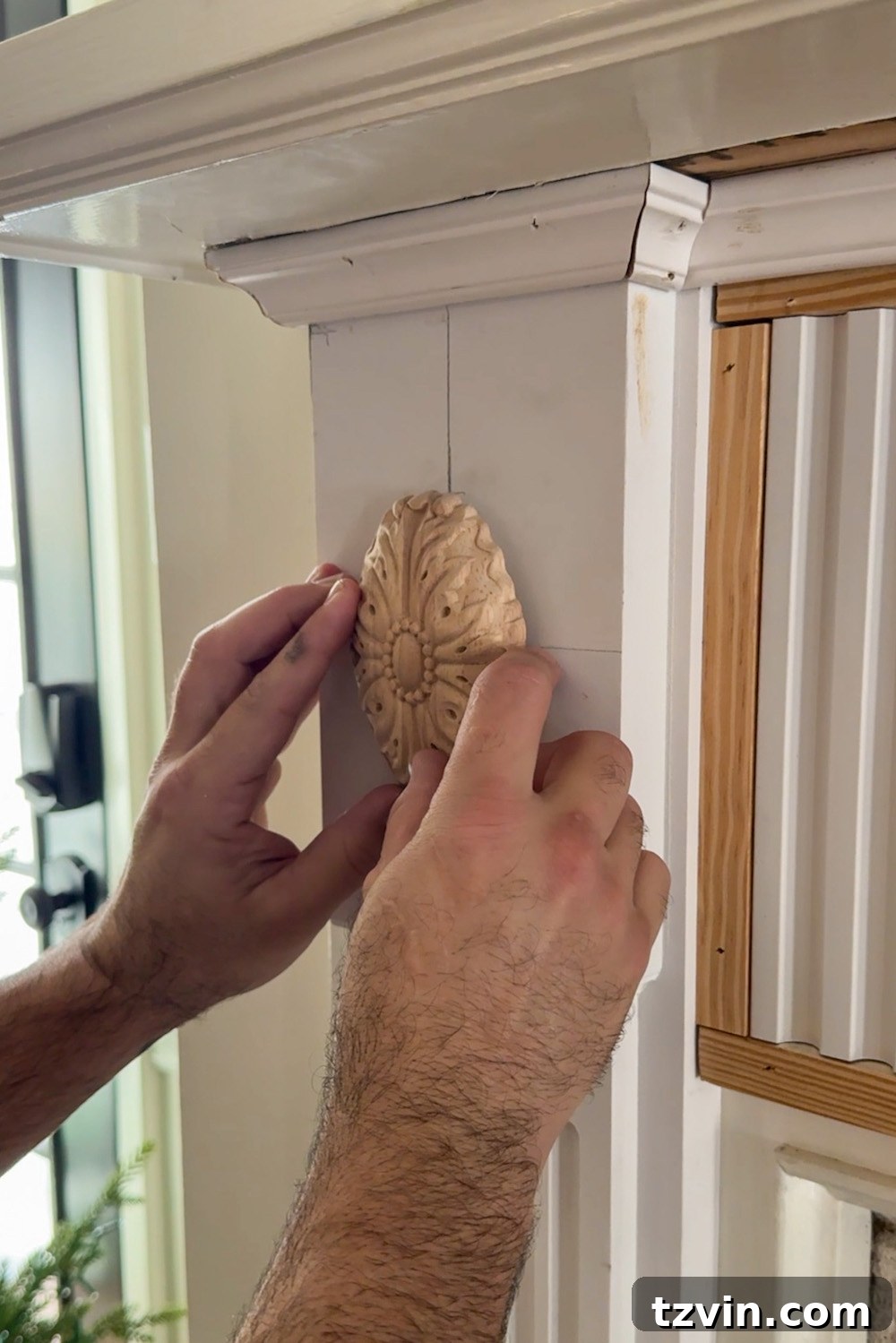 Classic Style DIY Fireplace Molding Transformation 15 Adding rosette overlay molding to fireplace