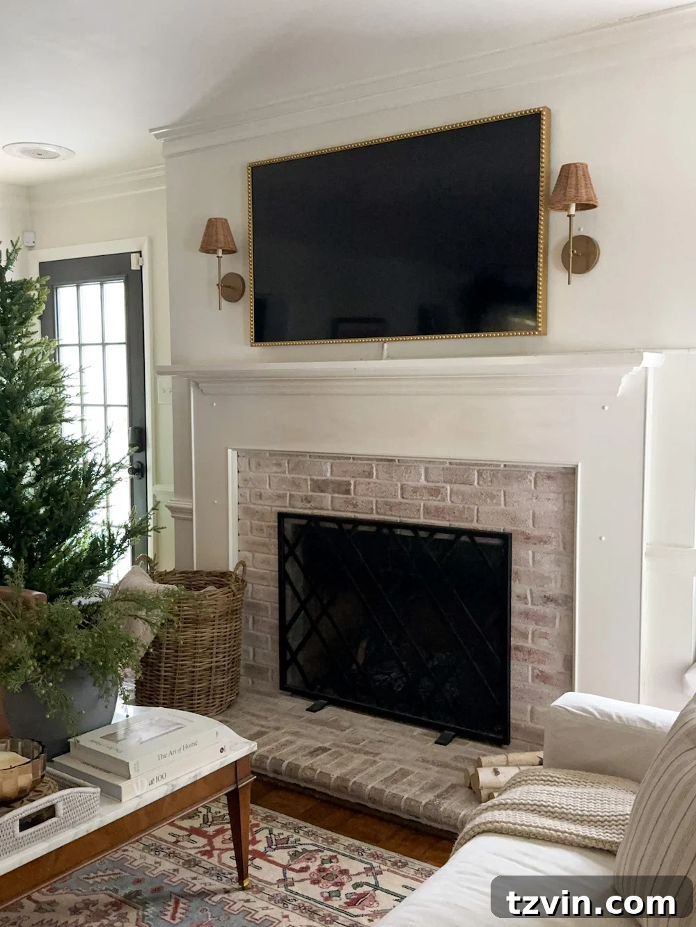 Classic Style DIY Fireplace Molding Transformation 3 Plain mantel with limewashed brick fireplace before the makeover