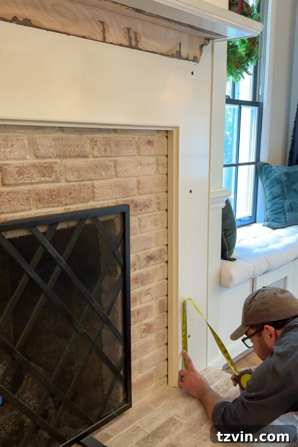 Classic Style DIY Fireplace Molding Transformation 6 Measuring a fireplace mantel leg for molding installation