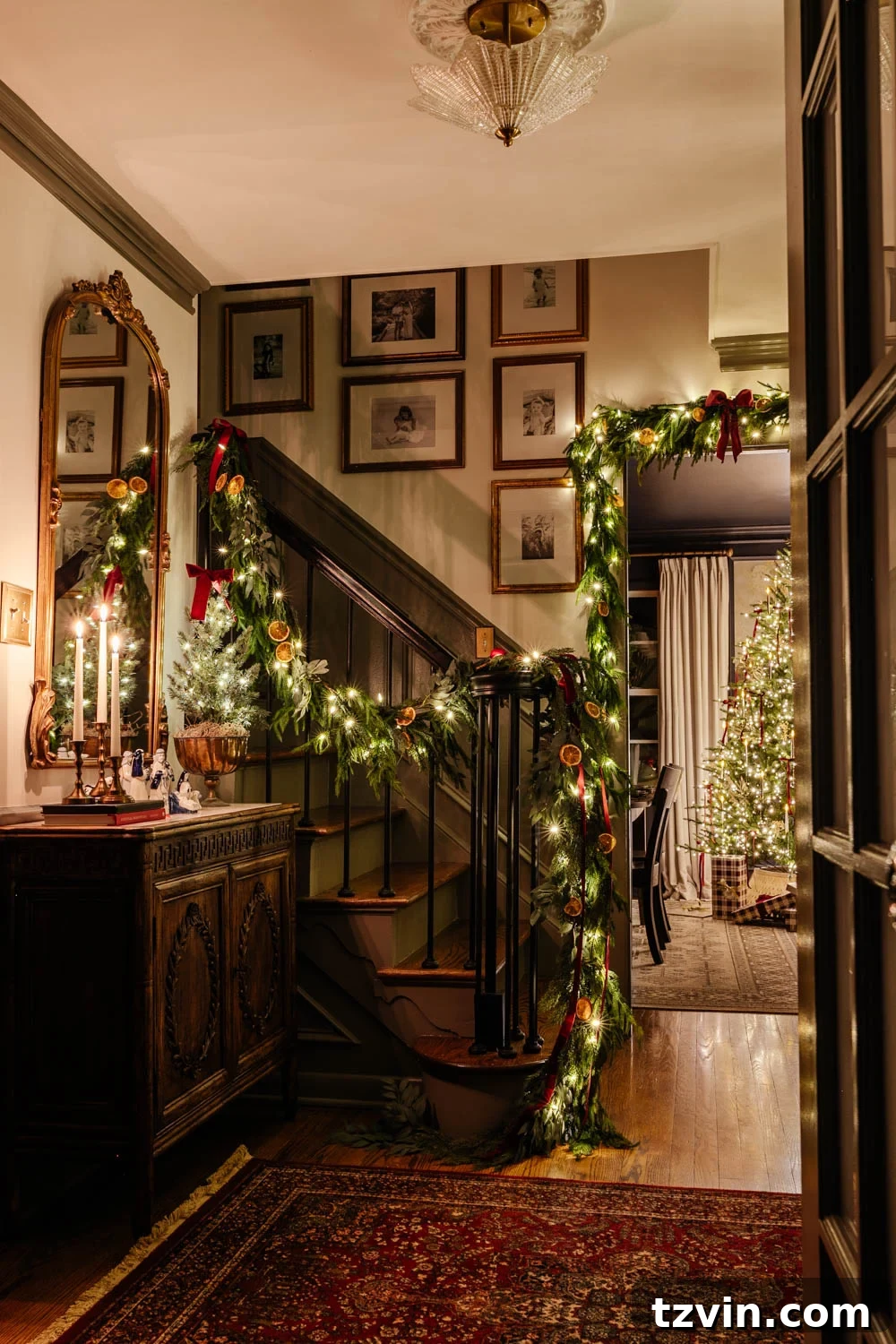 Traditional entryway adorned for Christmas with a beautiful nativity scene and glowing candlelight, welcoming guests with warmth.
