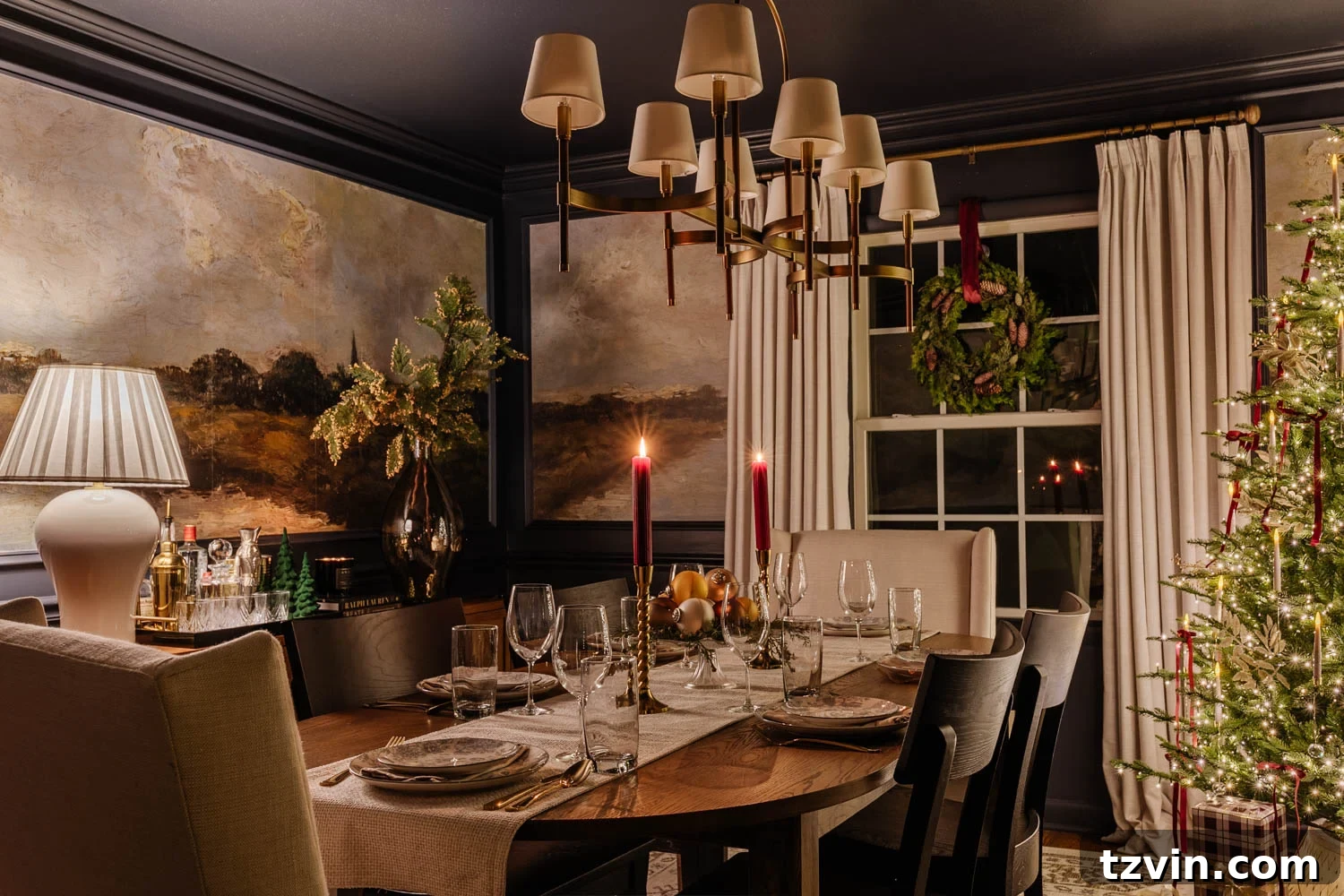 Elegant candlelight Christmas dining room table set with a stunning festive centerpiece, ready for holiday celebrations.