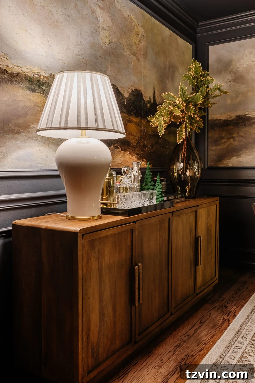 Charming candlelight Christmas dining room buffet table, beautifully styled with holiday decorations and ambient lighting.