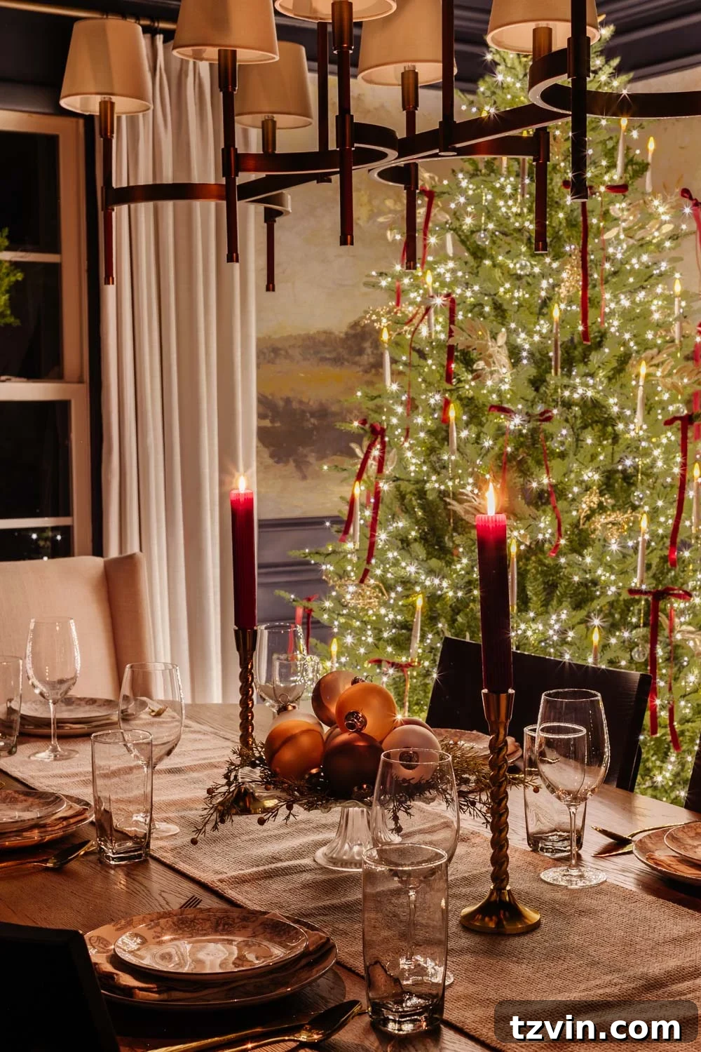 Beautiful candlelight Christmas dining room table with a festive centerpiece and ambient lighting for holiday meals.
