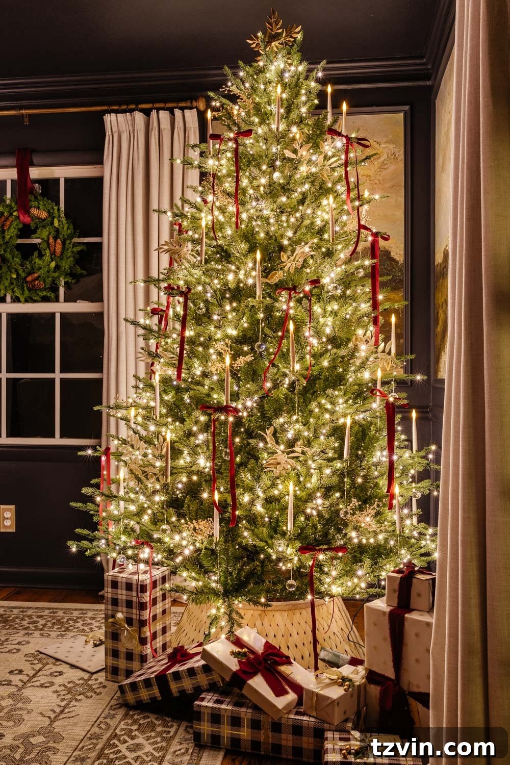 Dining room Christmas tree glowing softly at night, surrounded by the warmth of candlelight, enhancing the festive mood.